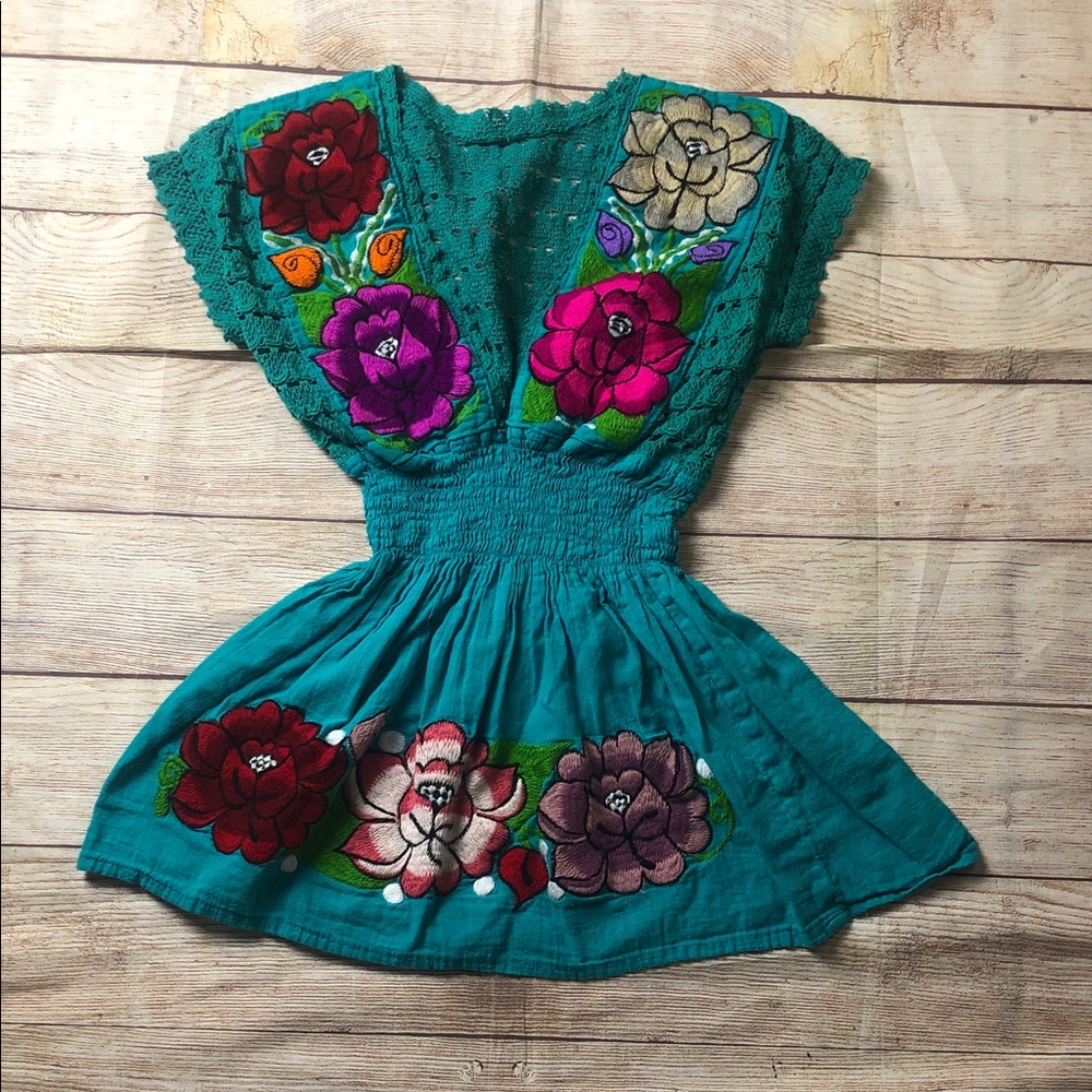 Teal Floral Embroidery Y2K Babydoll‎ Top